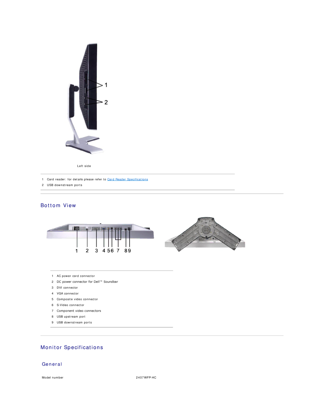 Dell 2407WFP-HC, 2407WFP-H C appendix Bottom View, Monitor Specifications, General, Left side 