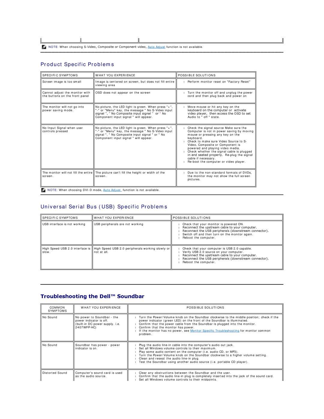 Dell 2407WFP-H C Product Specific Problems, Universal Serial Bus USB Specific Problems, Troubleshooting the Dell Soundbar 