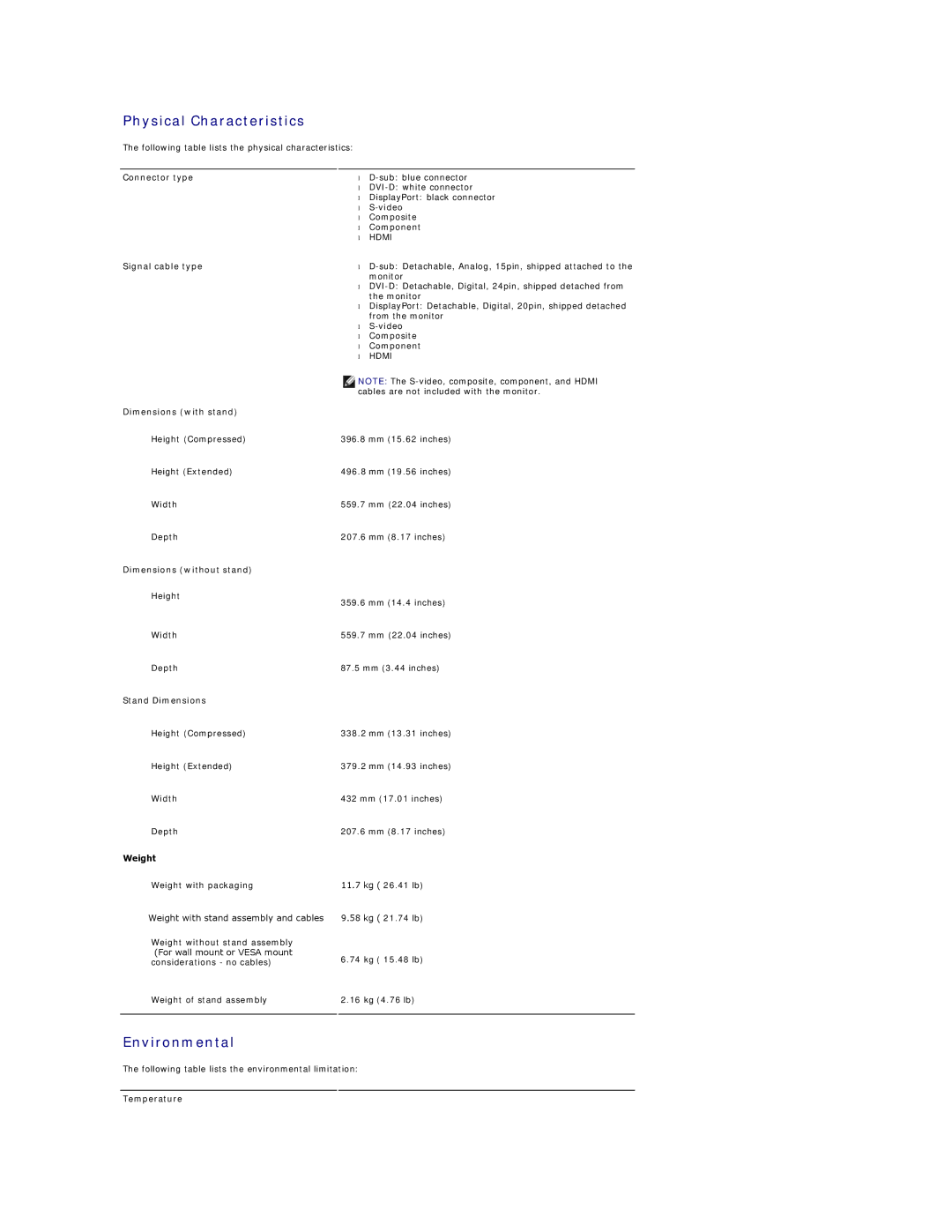 Dell 2408WFP appendix Physical Characteristics, Environmental 