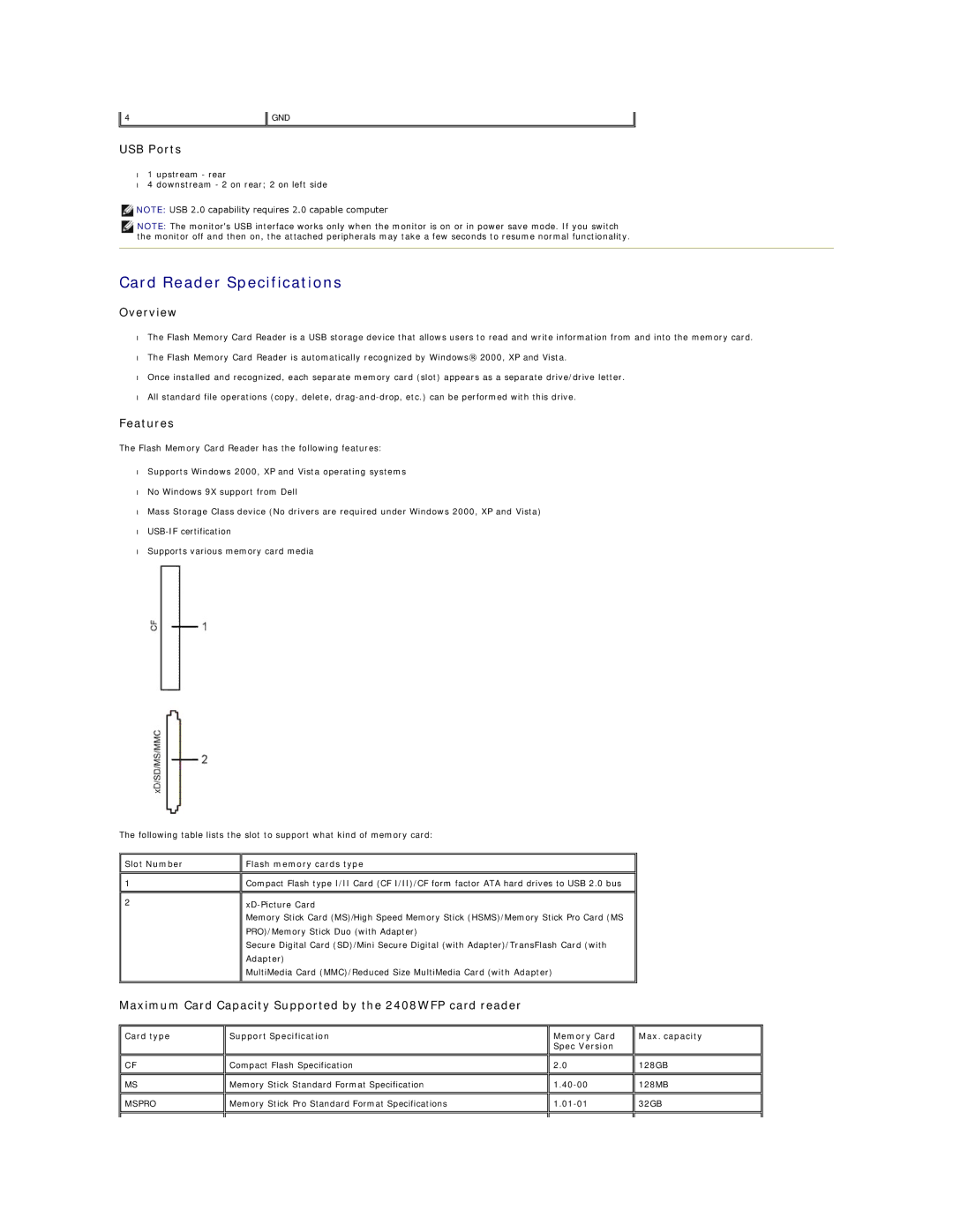 Dell 2408WFP appendix Card Reader Specifications, USB Ports, Overview, Features 