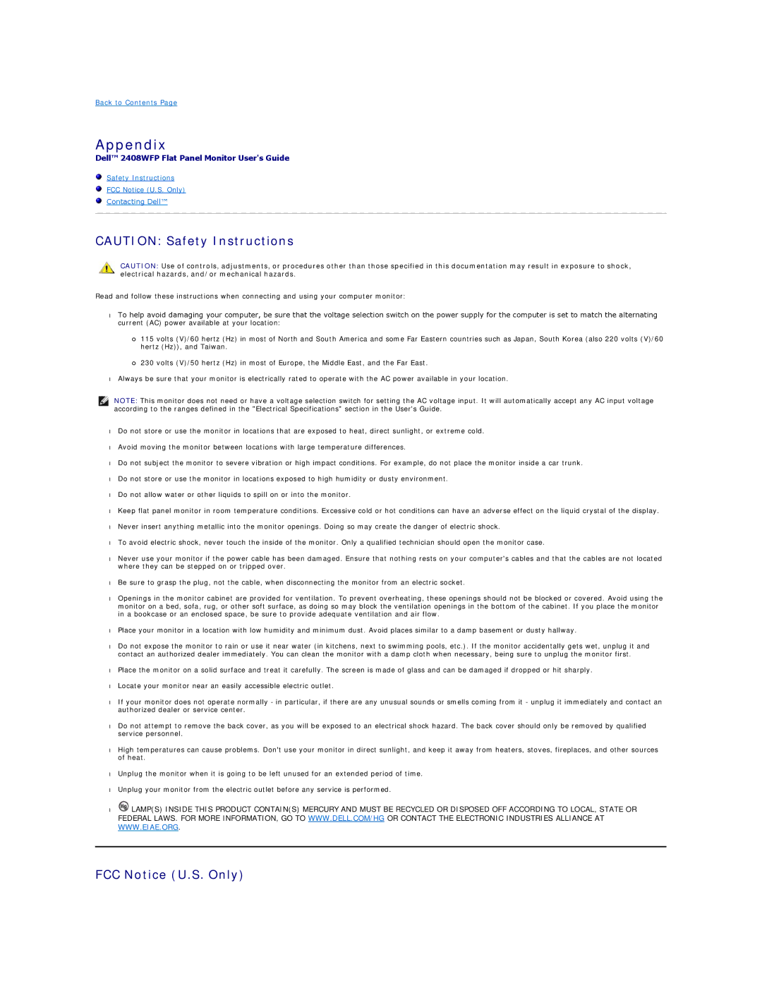 Dell 2408WFP appendix Appendix, FCC Notice U.S. Only 