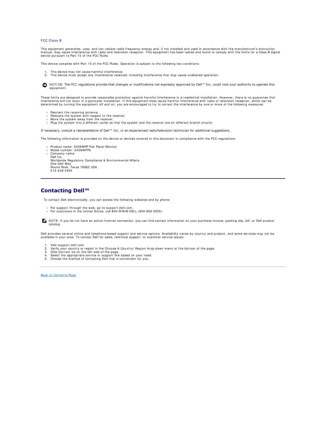 Dell 2408WFP appendix Contacting Dell, Visit support.dell.com 