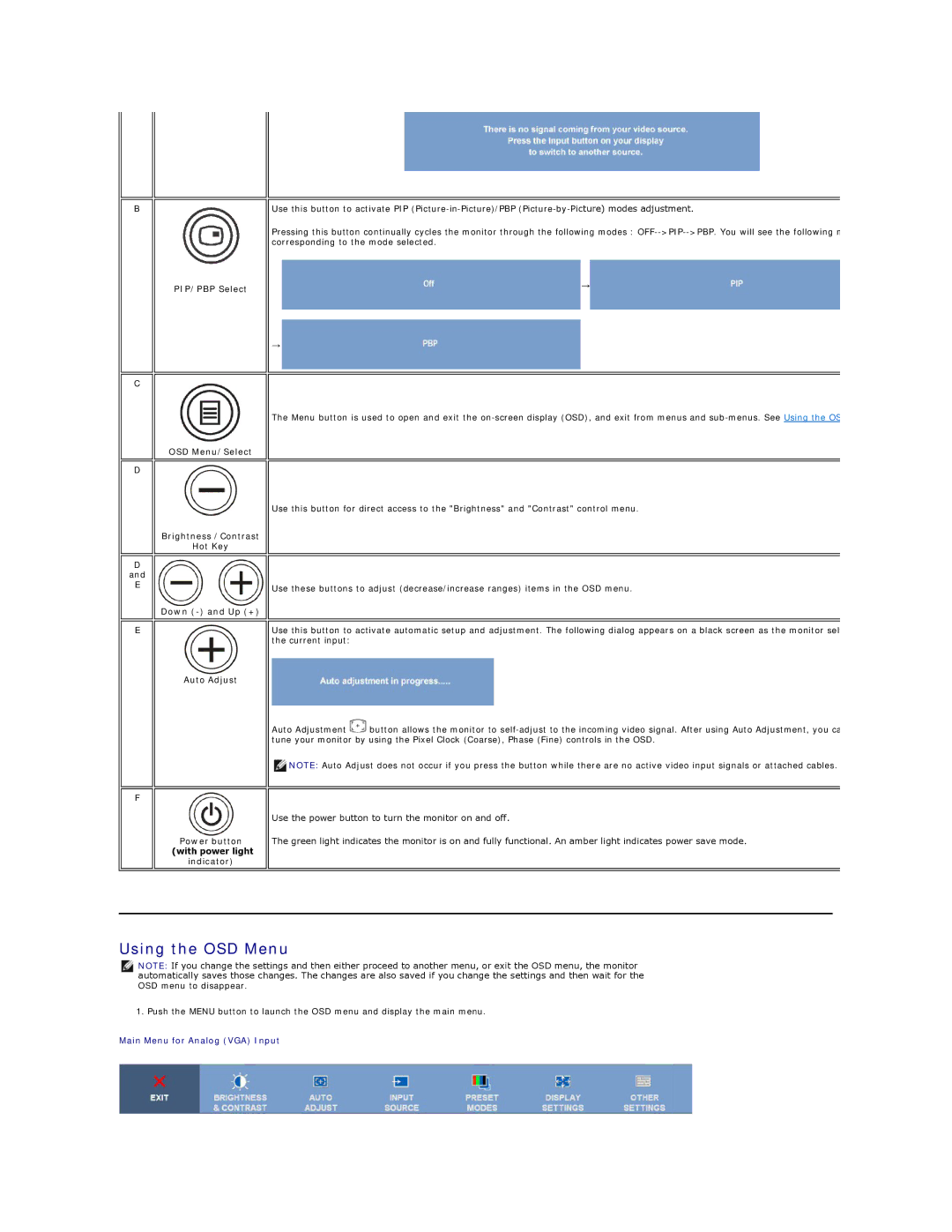 Dell 2408WFP appendix Using the OSD Menu, PIP/PBP Select 