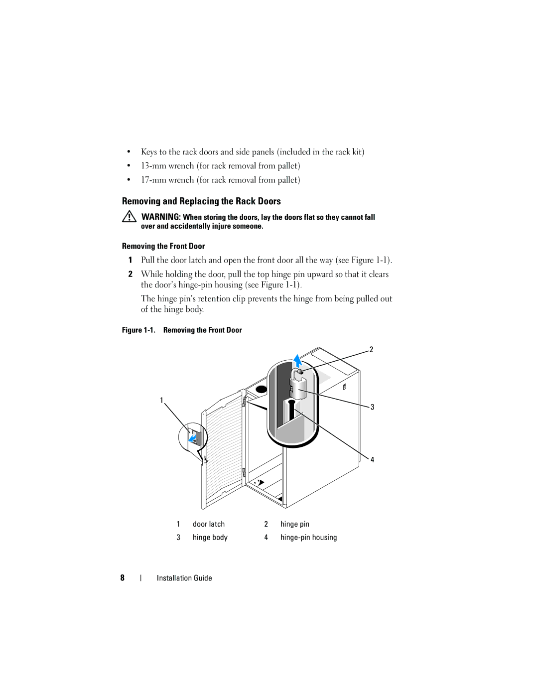 Dell 2420 manual Removing and Replacing the Rack Doors, Removing the Front Door Door latch Hinge pin Hinge body 