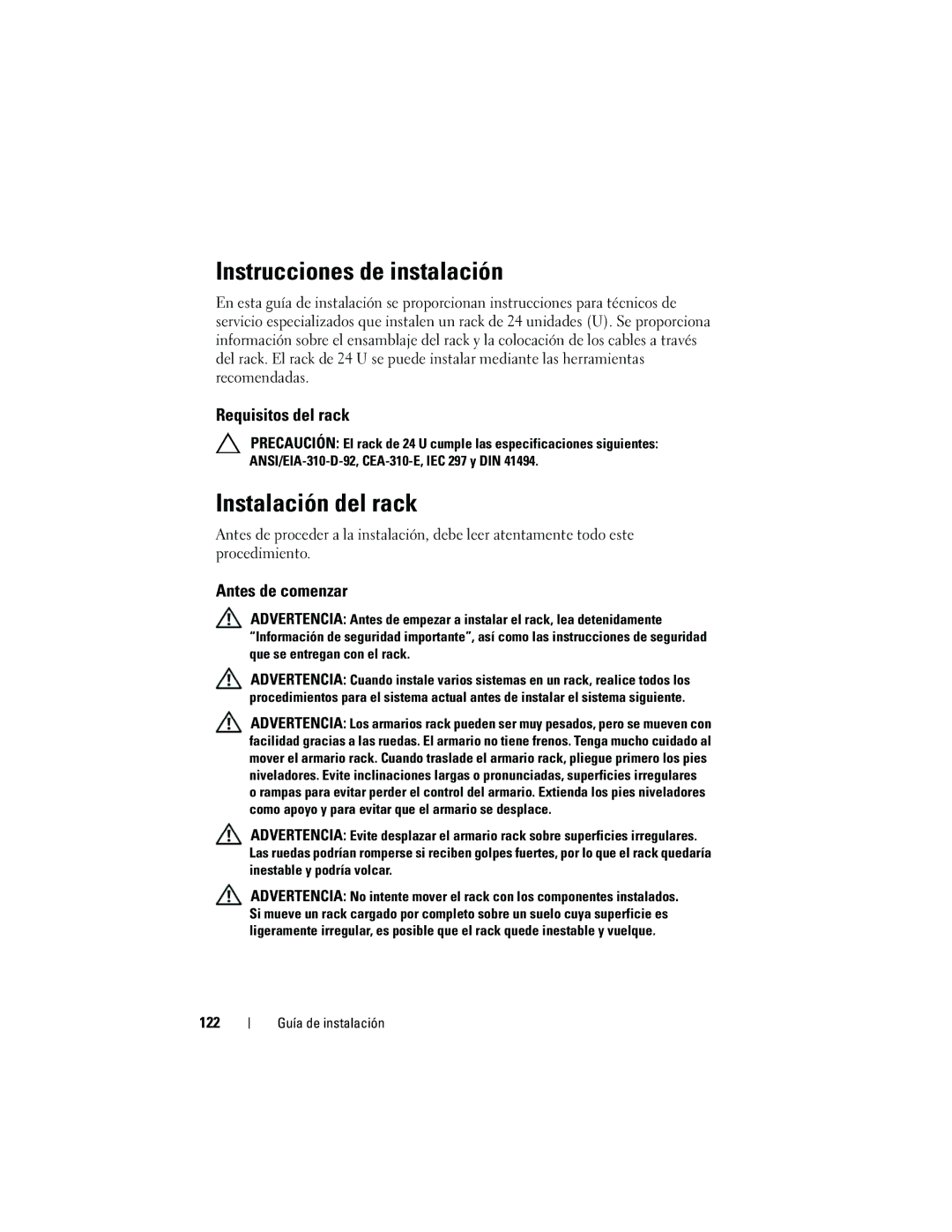 Dell 2420 manual Requisitos del rack, Antes de comenzar, 122 