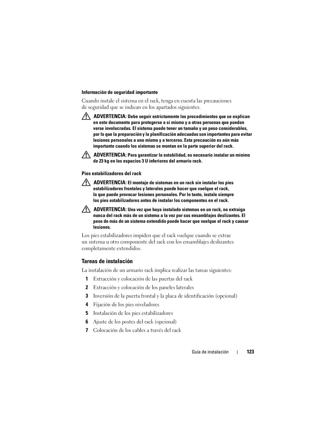 Dell 2420 manual Tareas de instalación, Información de seguridad importante, Pies estabilizadores del rack, 123 