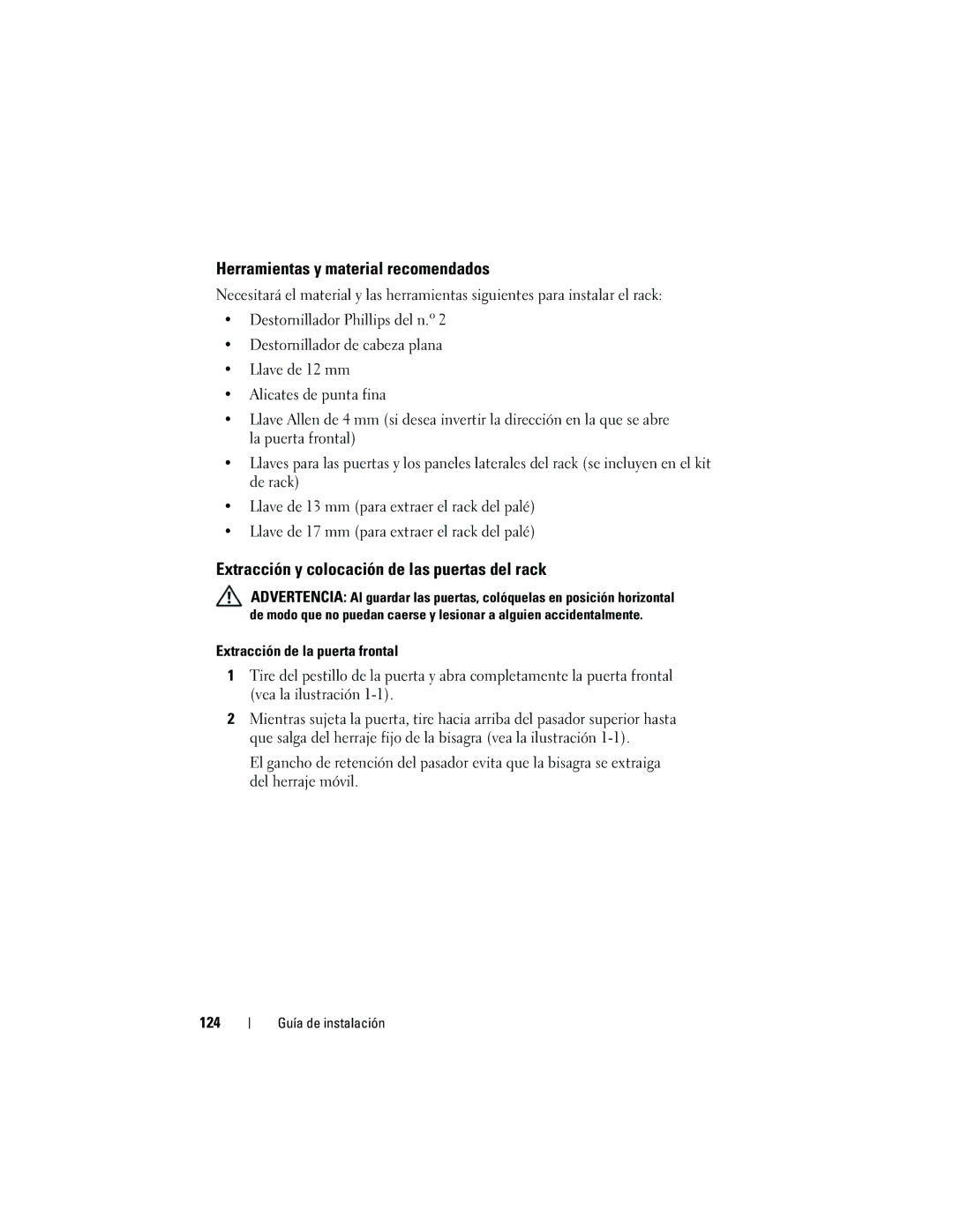 Dell 2420 manual Herramientas y material recomendados, Extracción y colocación de las puertas del rack, 124 