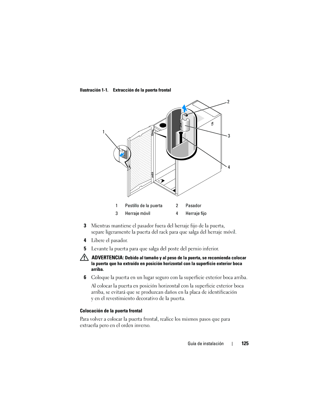 Dell 2420 manual Colocación de la puerta frontal, 125 