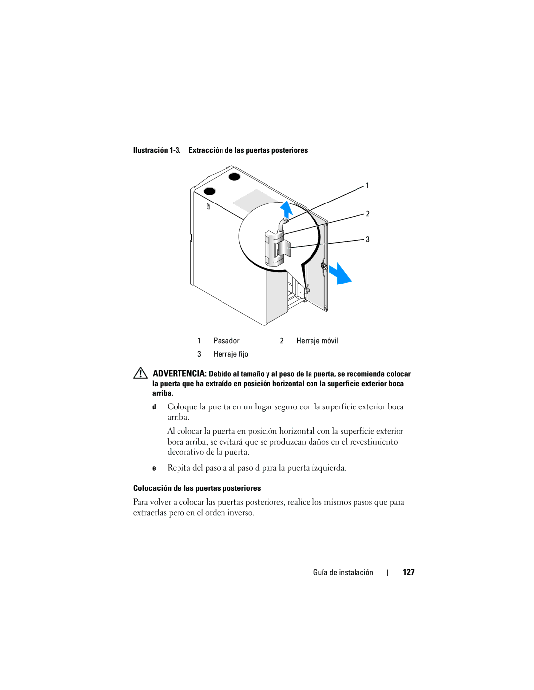 Dell 2420 manual Colocación de las puertas posteriores, 127 