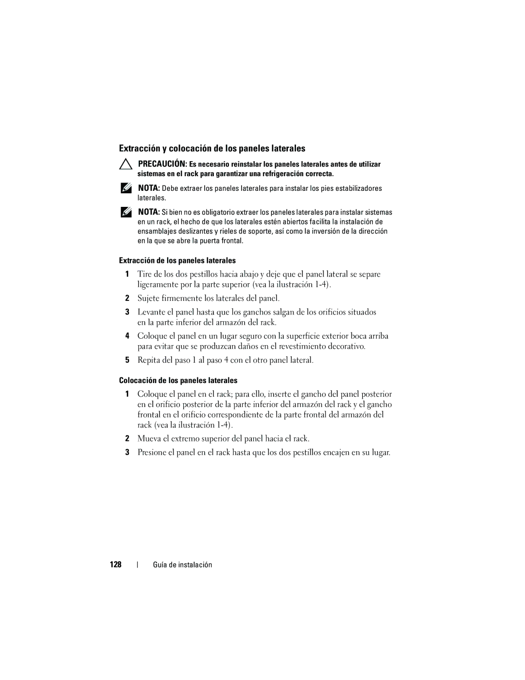 Dell 2420 manual Extracción y colocación de los paneles laterales, Extracción de los paneles laterales, 128 