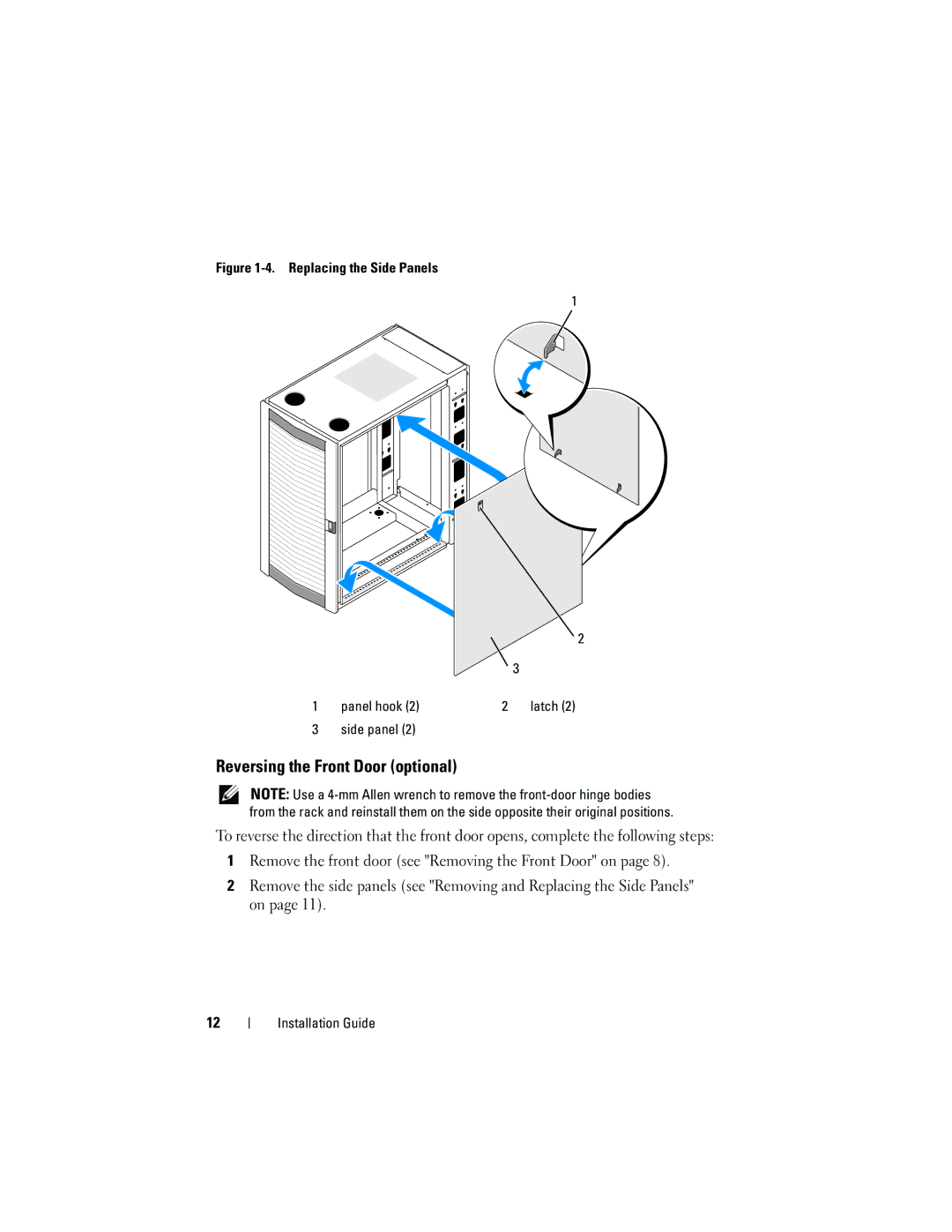 Dell 2420 manual Reversing the Front Door optional, Replacing the Side Panels Panel hook Latch Side panel 