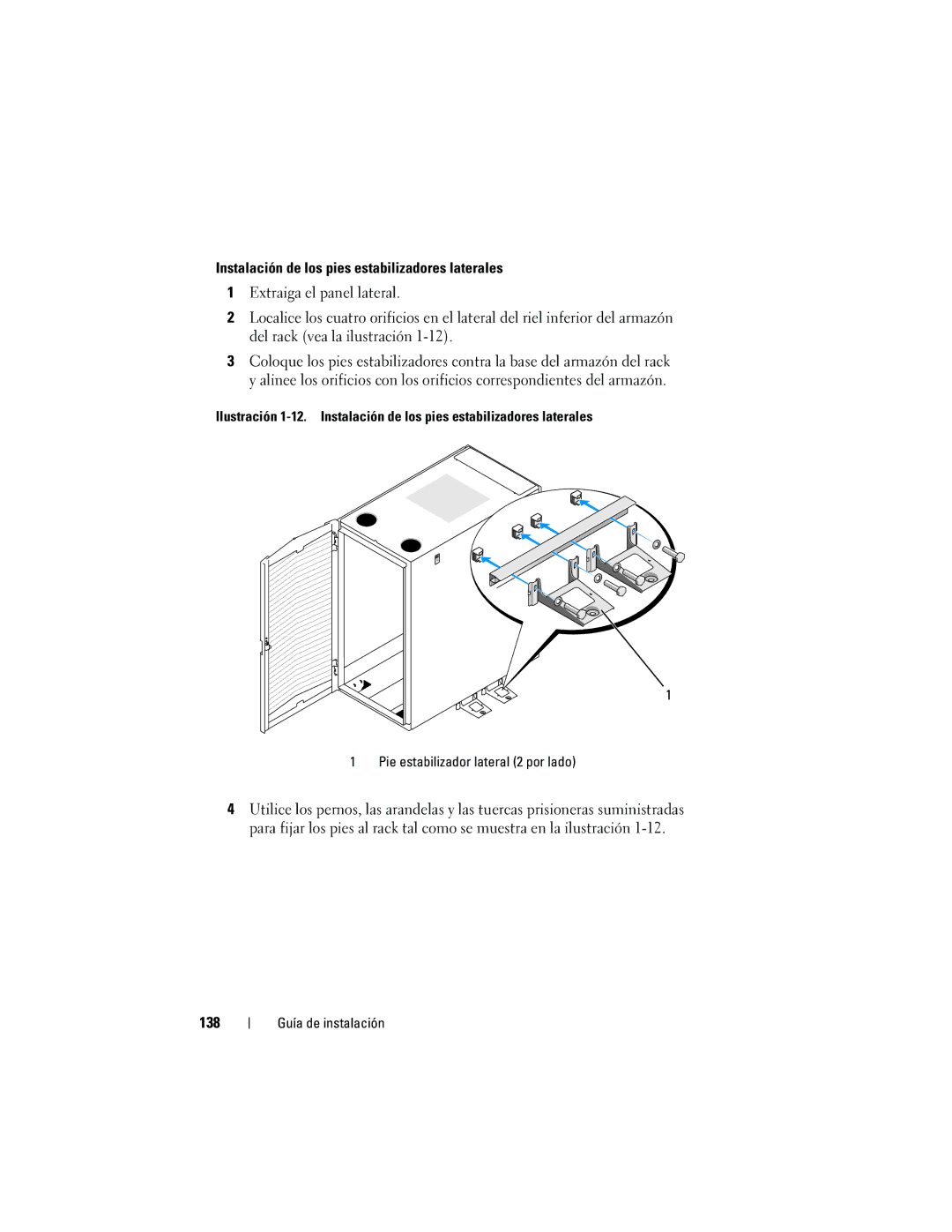 Dell 2420 manual Instalación de los pies estabilizadores laterales, 138 