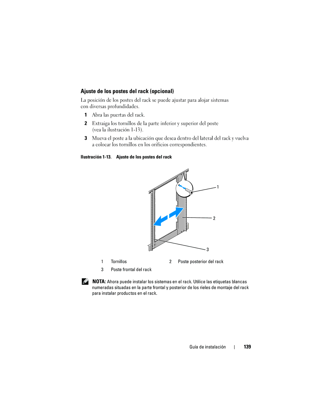 Dell 2420 manual Ajuste de los postes del rack opcional, 139 