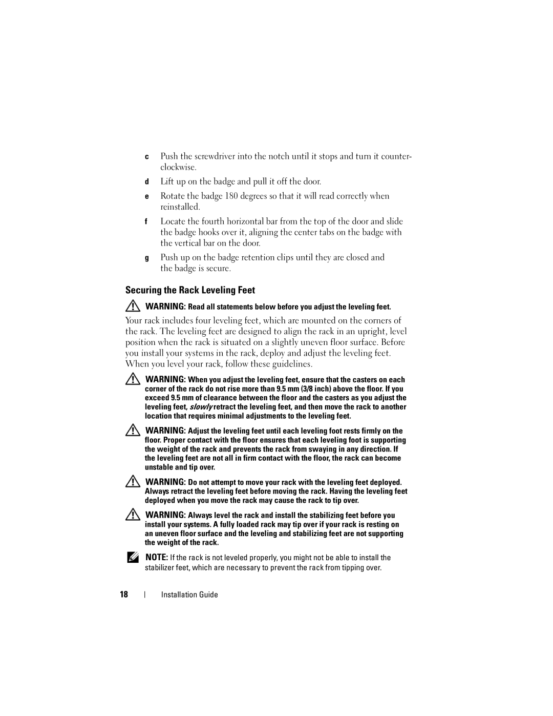 Dell 2420 manual Securing the Rack Leveling Feet 