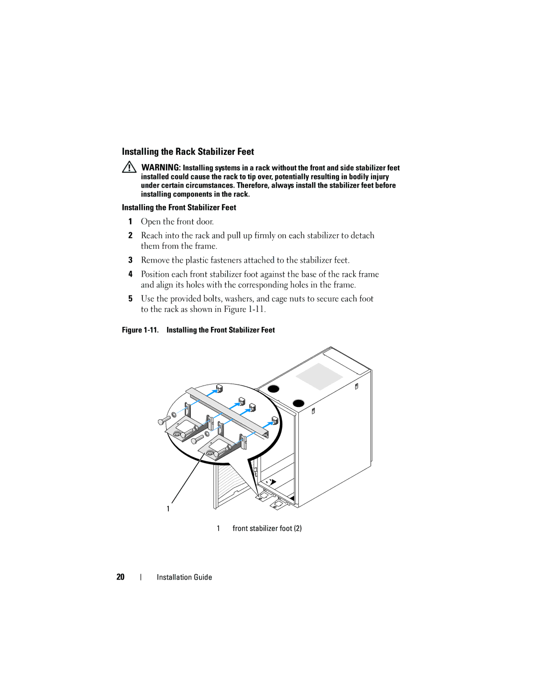 Dell 2420 manual Installing the Rack Stabilizer Feet 