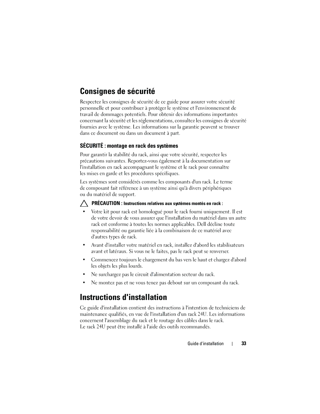 Dell 2420 manual Consignes de sécurité, Sécurité montage en rack des systèmes 