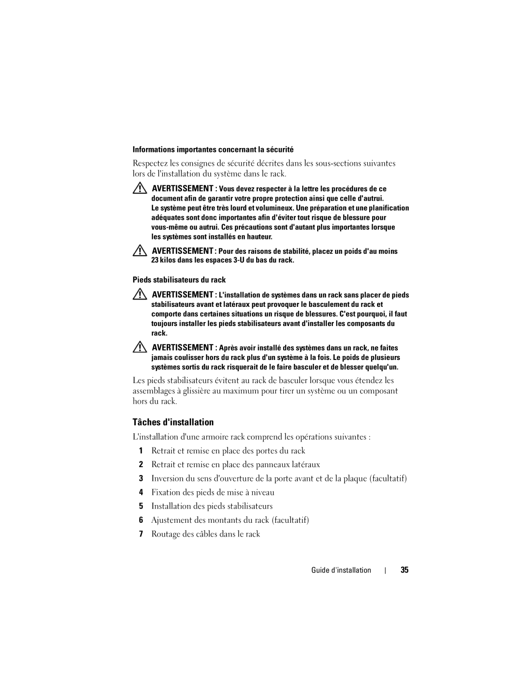 Dell 2420 manual Tâches dinstallation, Informations importantes concernant la sécurité, Pieds stabilisateurs du rack 