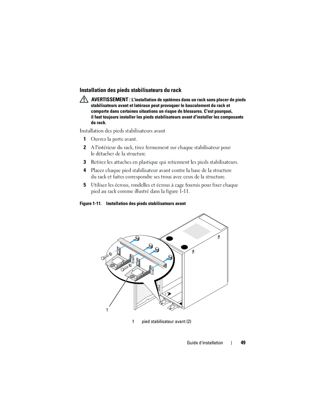 Dell 2420 manual Installation des pieds stabilisateurs du rack 