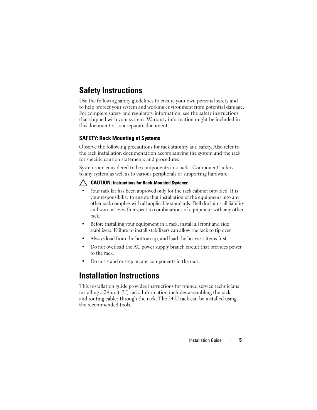 Dell 2420 manual Safety Instructions, Safety Rack Mounting of Systems 