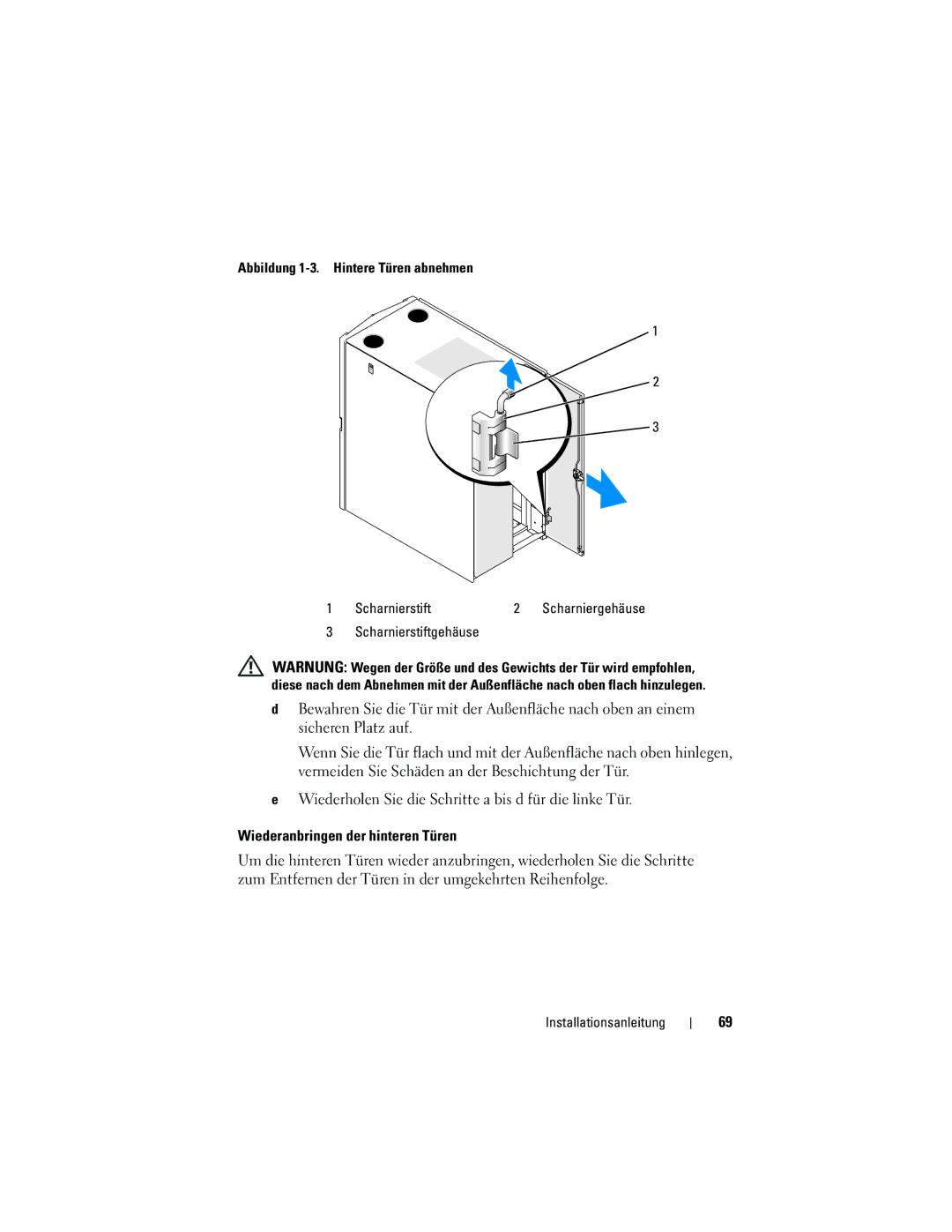 Dell 2420 manual Wiederanbringen der hinteren Türen, Scharnierstiftgehäuse 