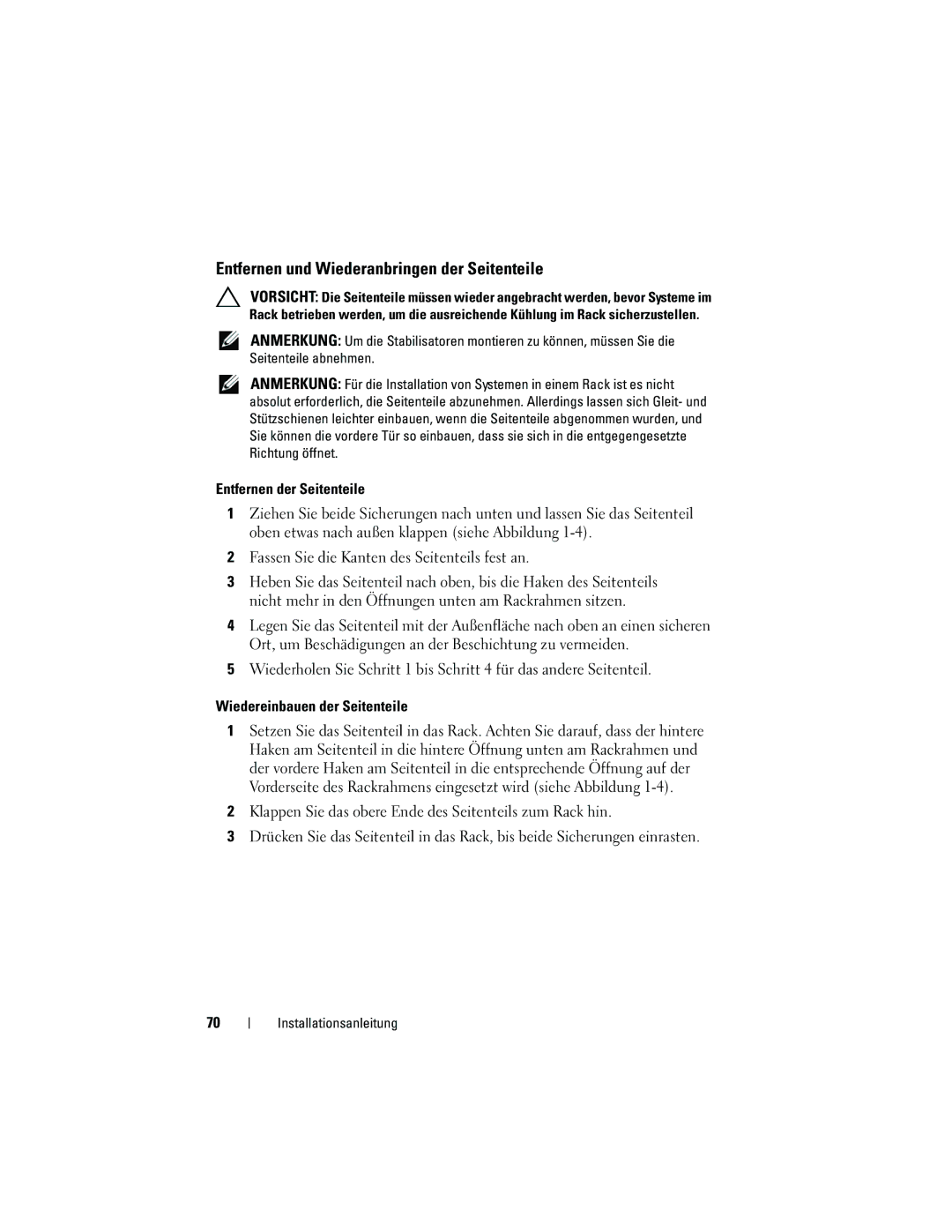 Dell 2420 manual Entfernen und Wiederanbringen der Seitenteile, Entfernen der Seitenteile, Wiedereinbauen der Seitenteile 