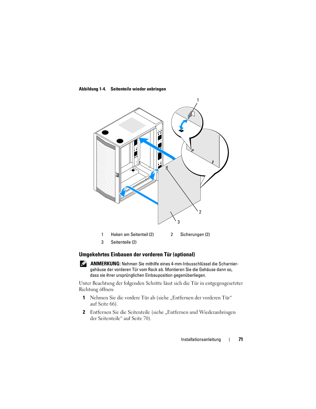 Dell 2420 manual Umgekehrtes Einbauen der vorderen Tür optional 