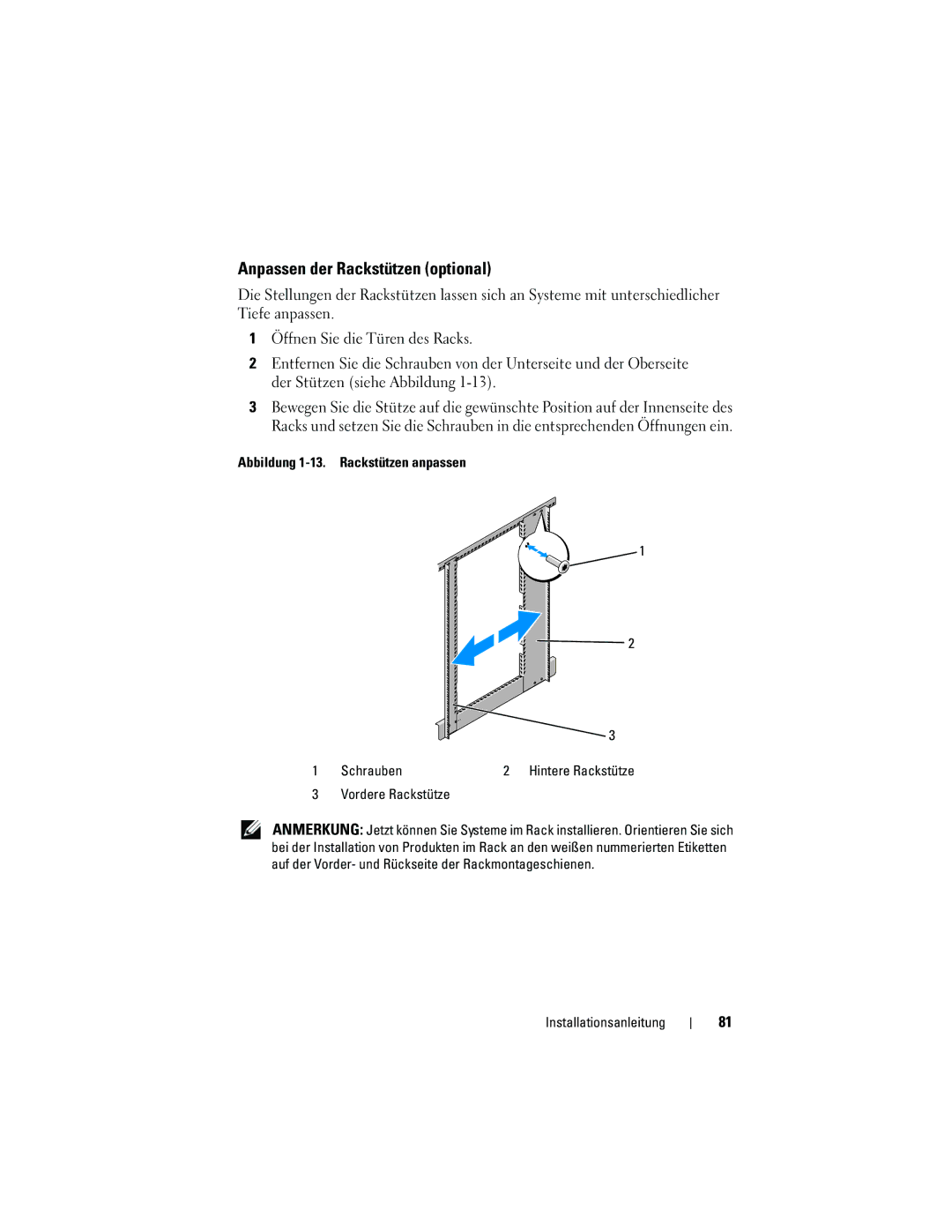 Dell 2420 manual Anpassen der Rackstützen optional 