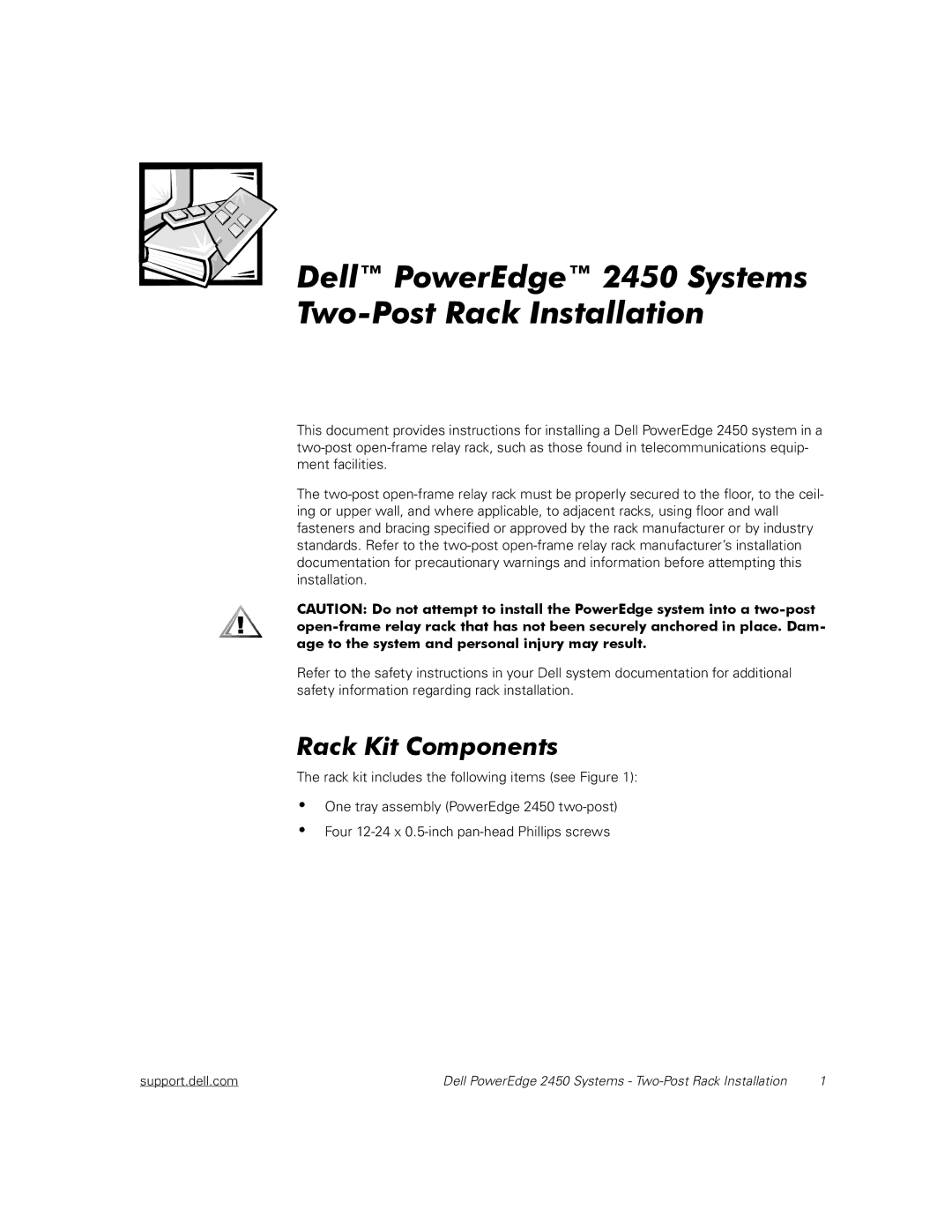 Dell manual Dell PowerEdge 2450 Systems Two-Post Rack Installation, Rack Kit Components 