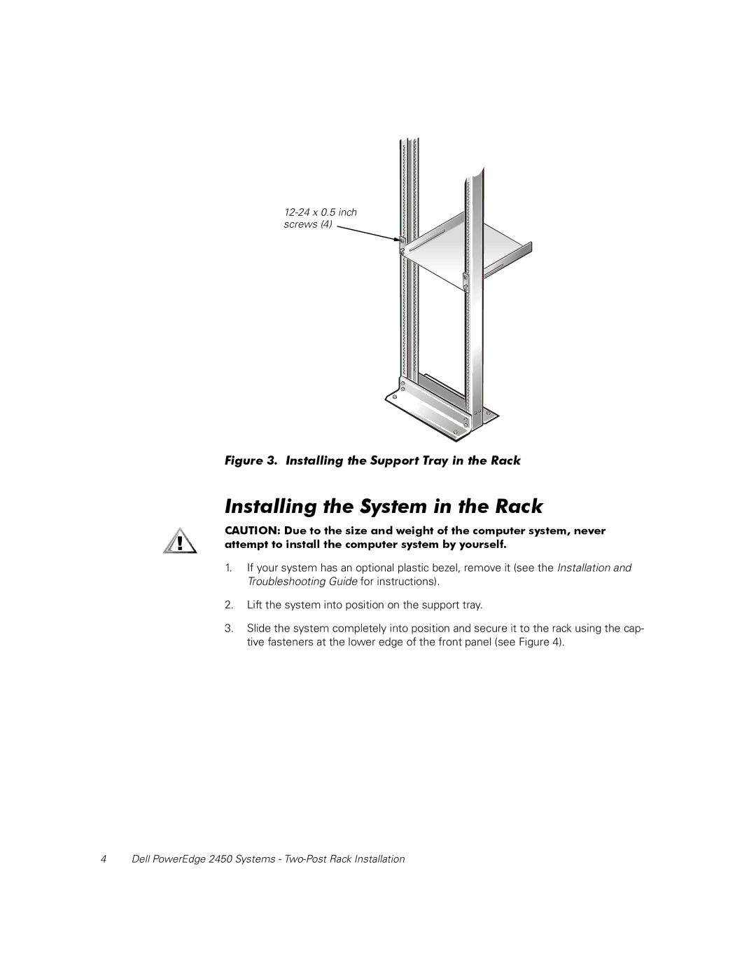 Dell 2450 manual Installing the System in the Rack, Installing the Support Tray in the Rack 