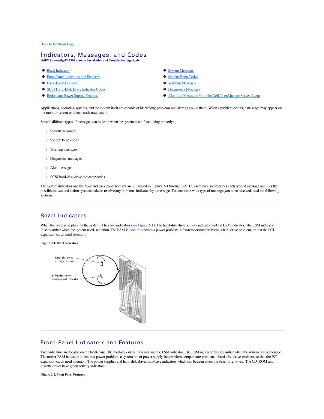 Dell 2500 manual Indicators, Messages, and Codes, Bezel Indicators, Front-Panel Indicators and Features 