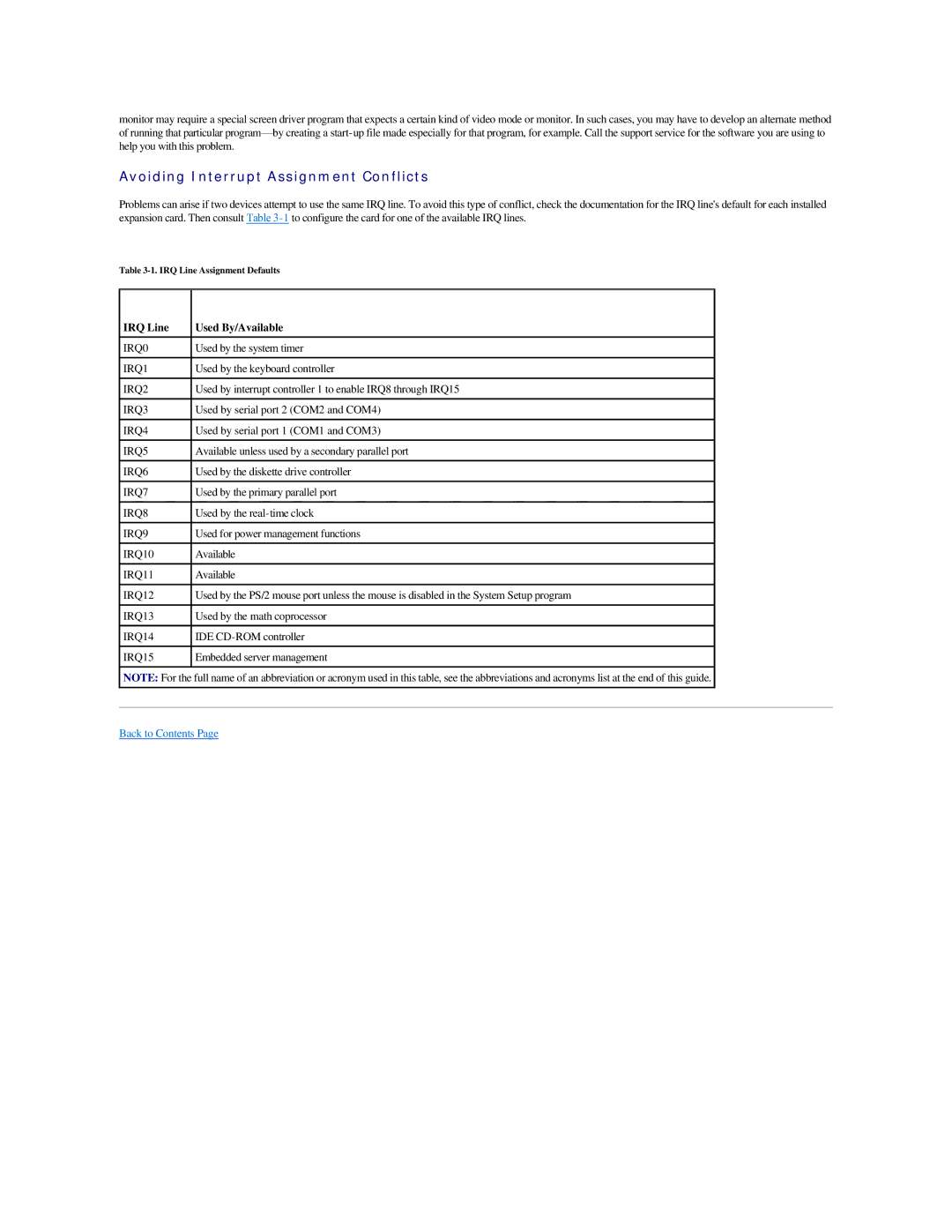 Dell 2500 manual Avoiding Interrupt Assignment Conflicts, IRQ Line Used By/Available 