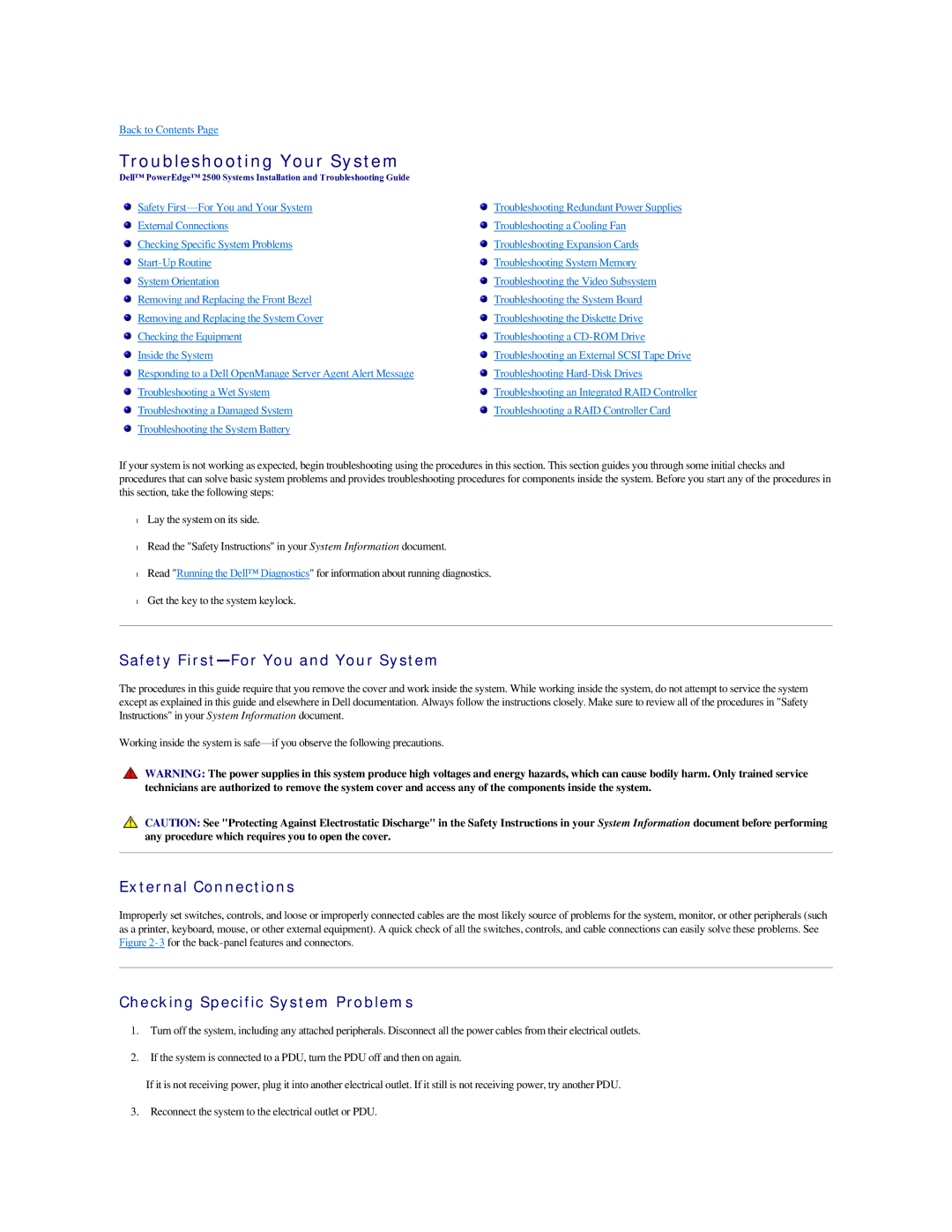 Dell 2500 manual Troubleshooting Your System, Safety First-For You and Your System, External Connections 