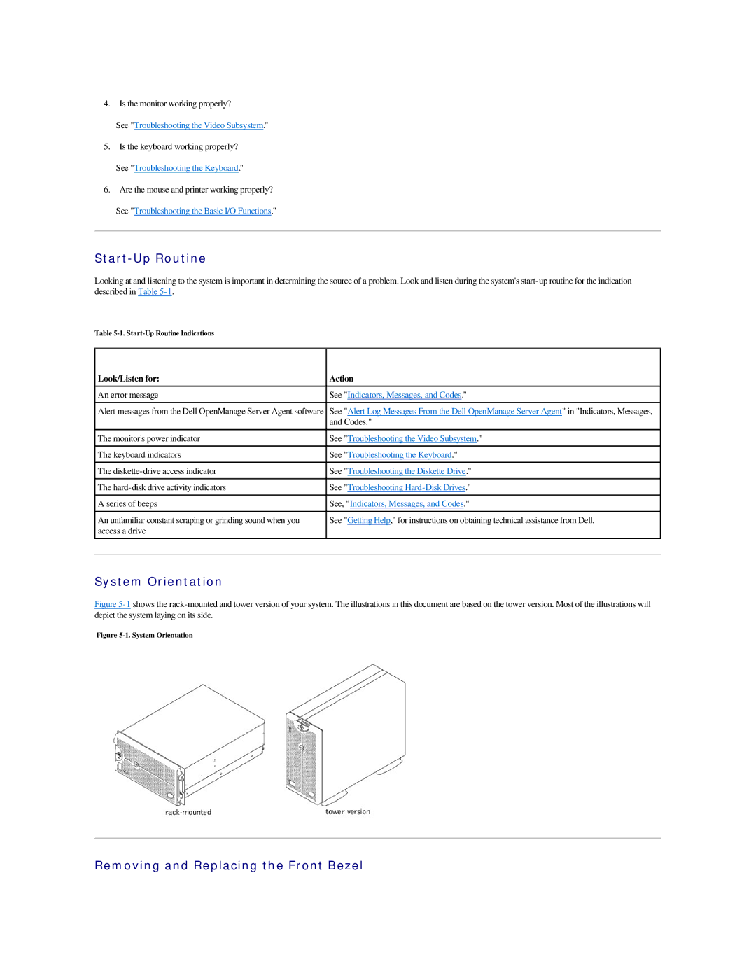 Dell 2500 manual Start-Up Routine, System Orientation, Removing and Replacing the Front Bezel, Look/Listen for Action 