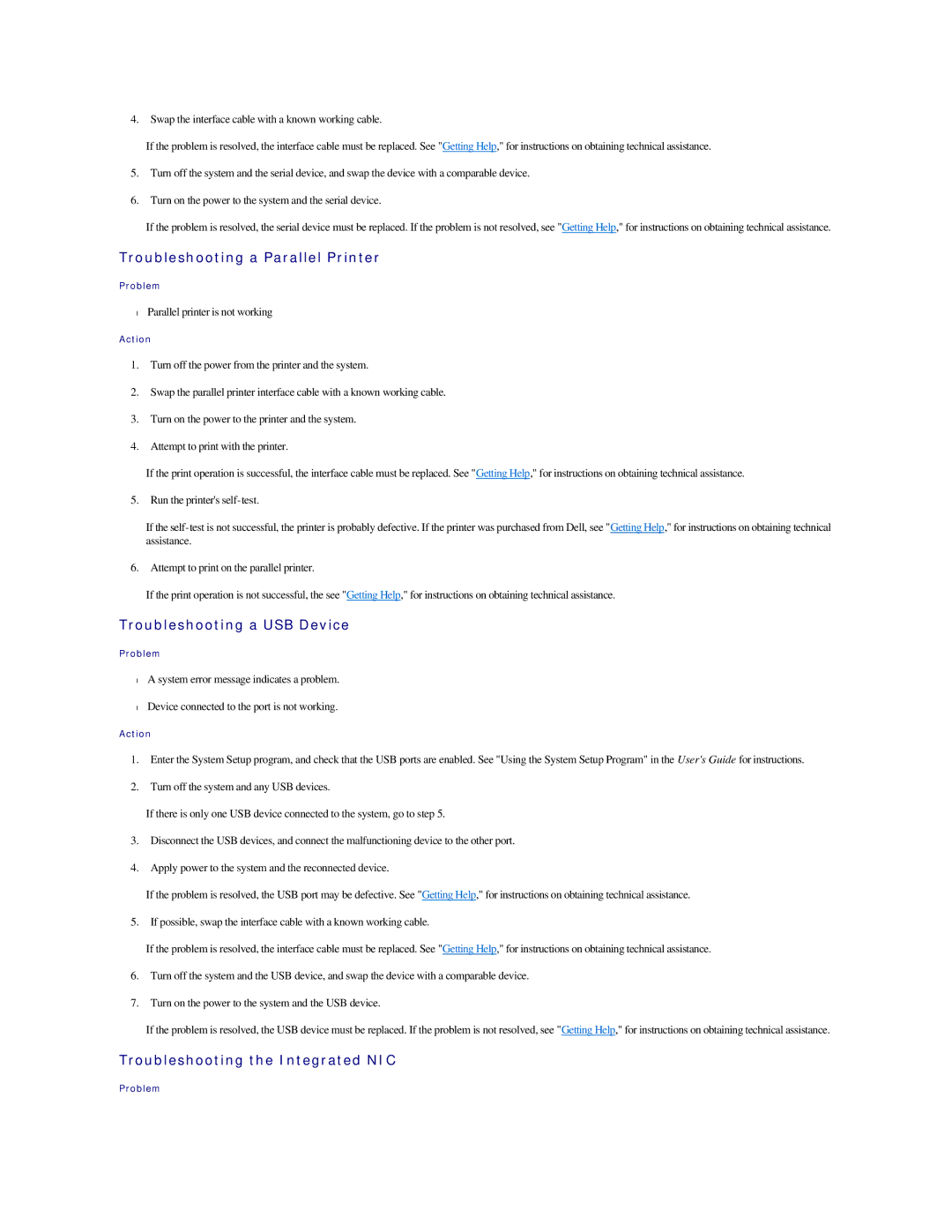 Dell 2500 manual Troubleshooting a Parallel Printer, Troubleshooting a USB Device, Troubleshooting the Integrated NIC 