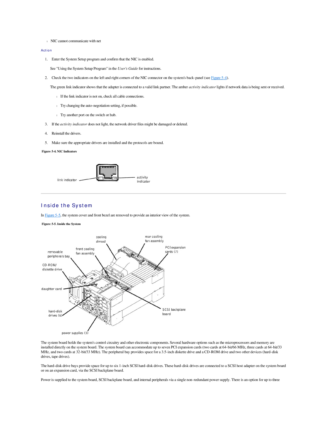 Dell 2500 manual Inside the System, NIC cannot communicate with net 