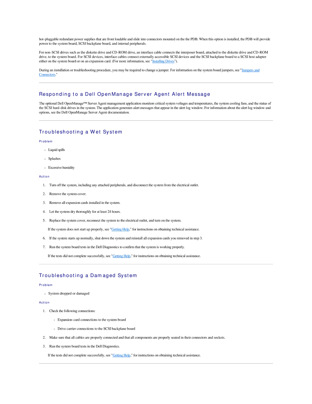 Dell 2500 manual Responding to a Dell OpenManage Server Agent Alert Message, Troubleshooting a Wet System 