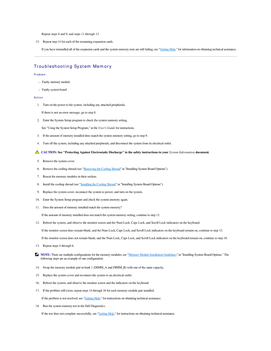 Dell 2500 manual Troubleshooting System Memory, Faulty memory module Faulty system board 