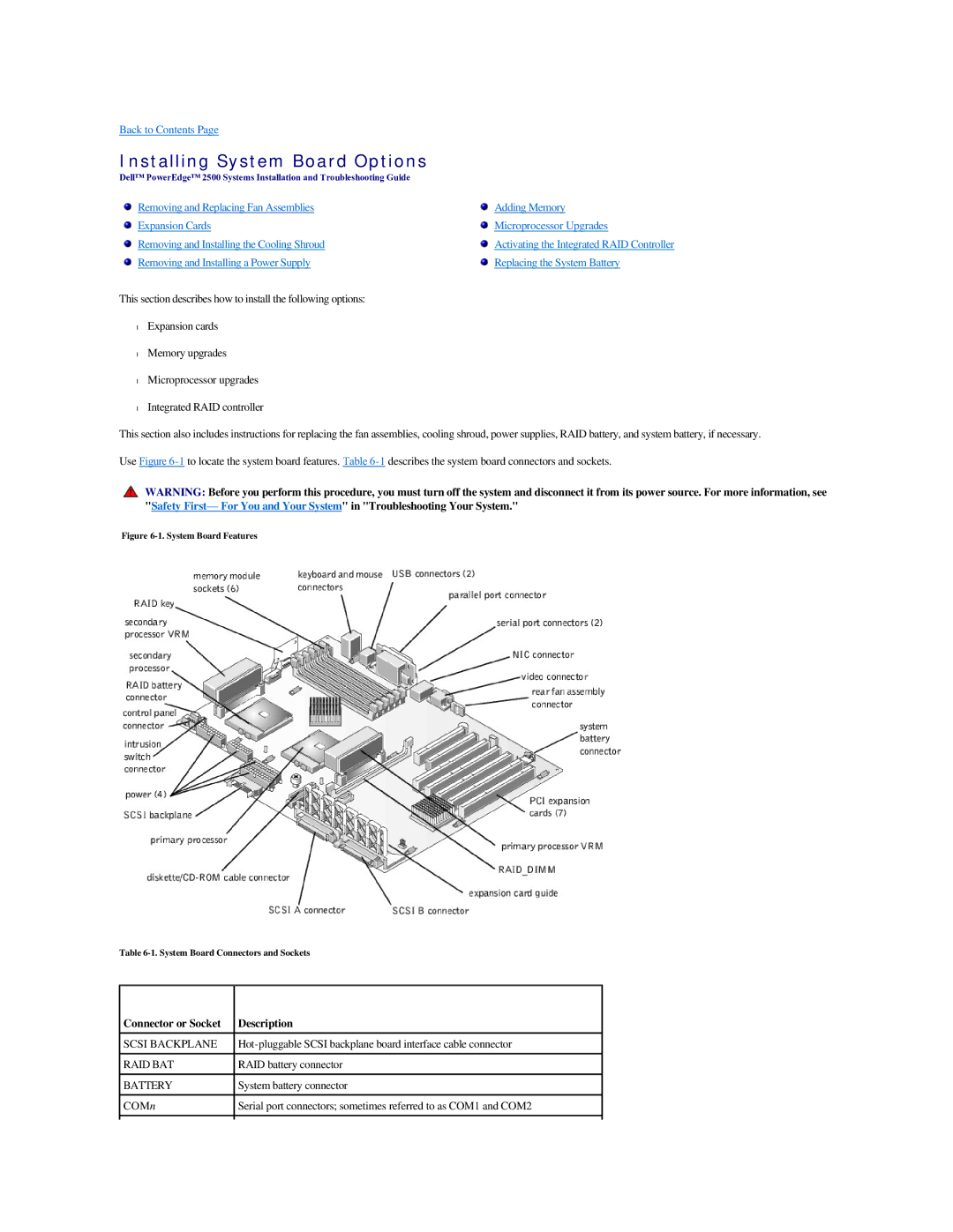 Dell 2500 manual Installing System Board Options, Connector or Socket Description, RAID battery connector 