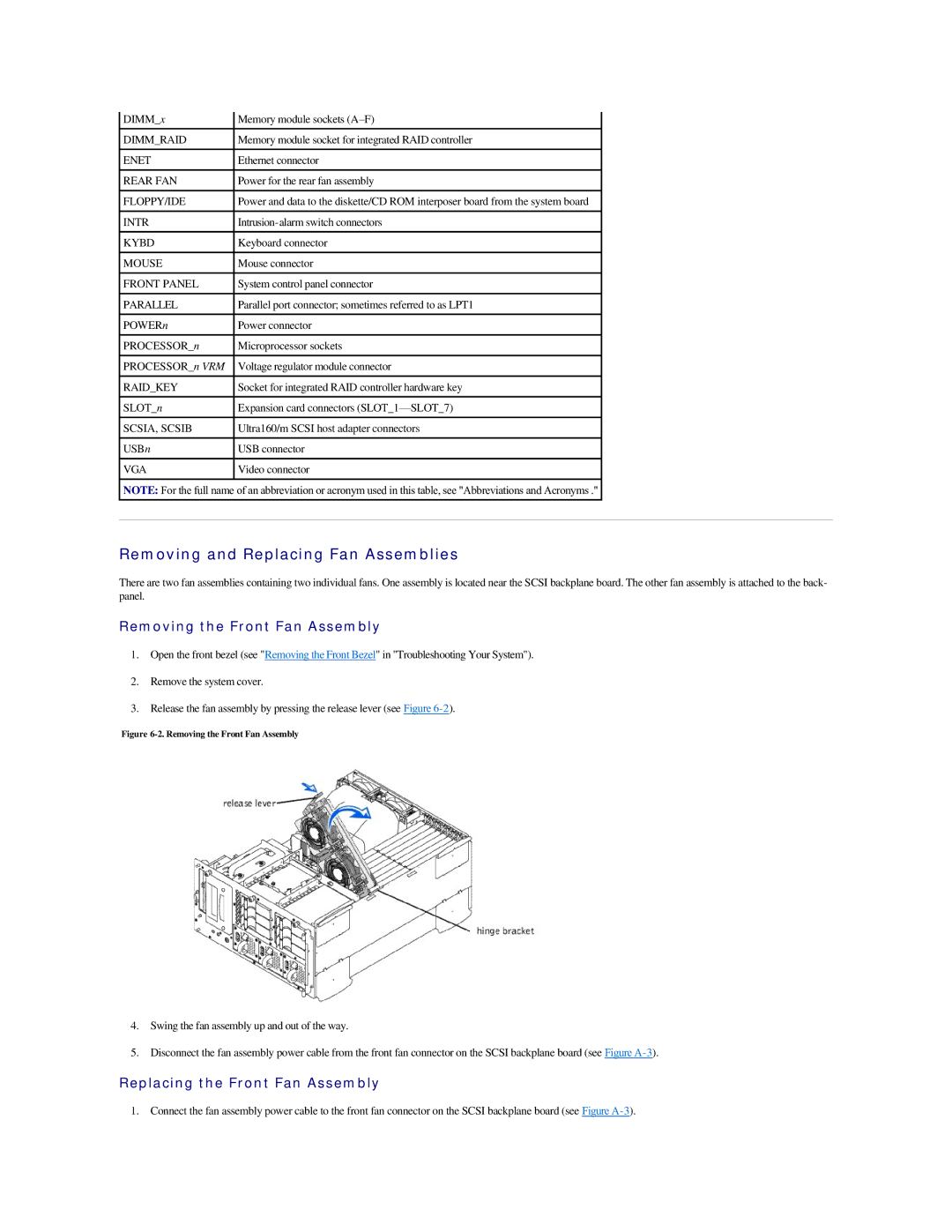 Dell 2500 manual Removing and Replacing Fan Assemblies, Removing the Front Fan Assembly, Replacing the Front Fan Assembly 