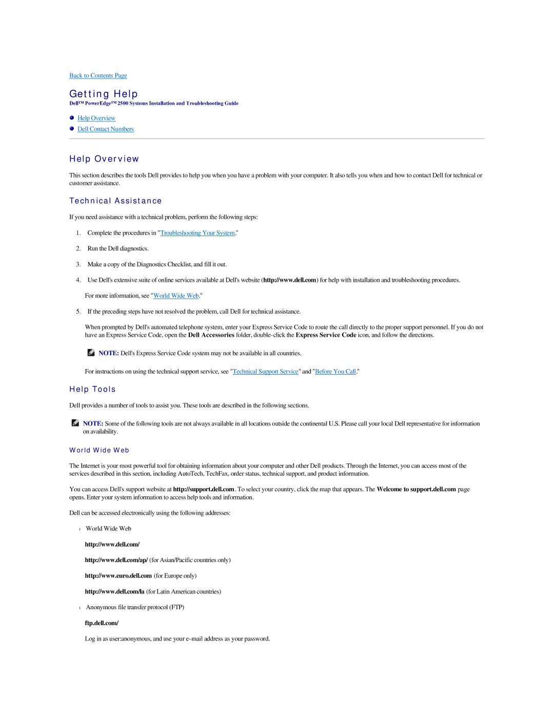 Dell 2500 manual Getting Help, Help Overview, Technical Assistance, Help Tools, Ftp.dell.com 