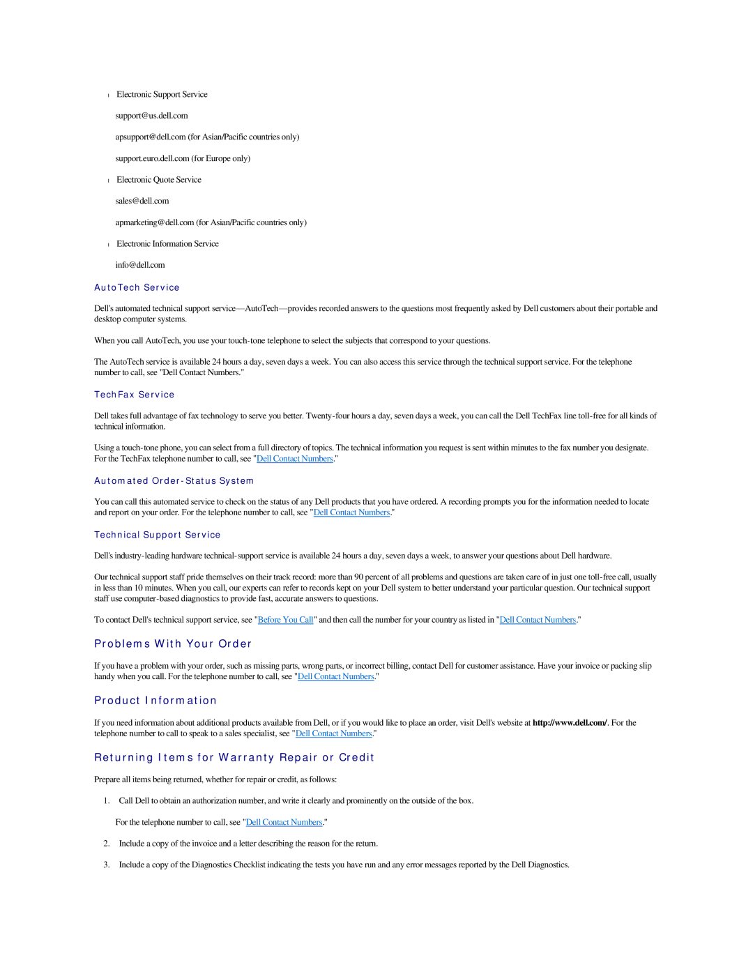 Dell 2500 manual Problems With Your Order, AutoTech Service 