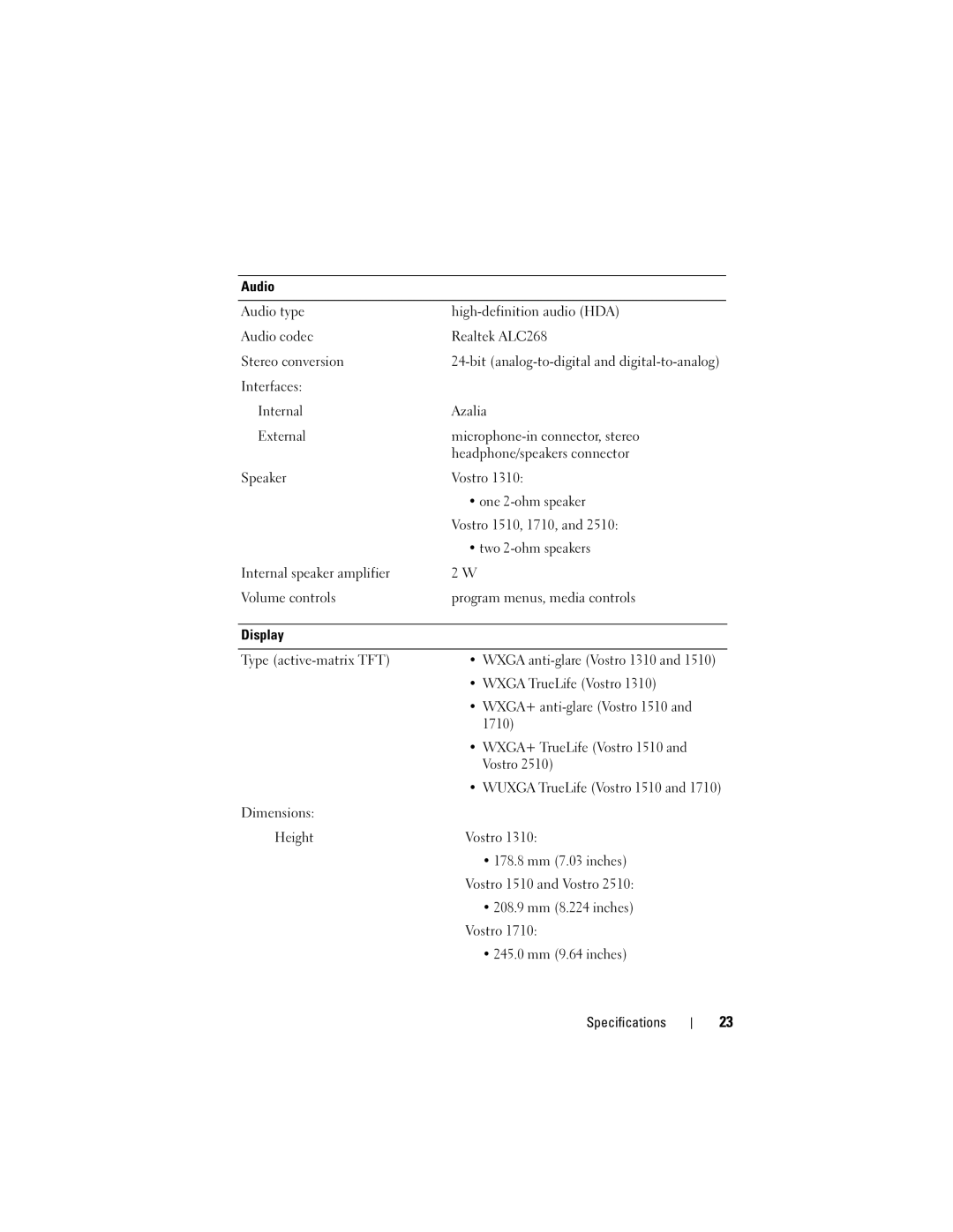 Dell 2510 specifications Wxga TrueLife Vostro 