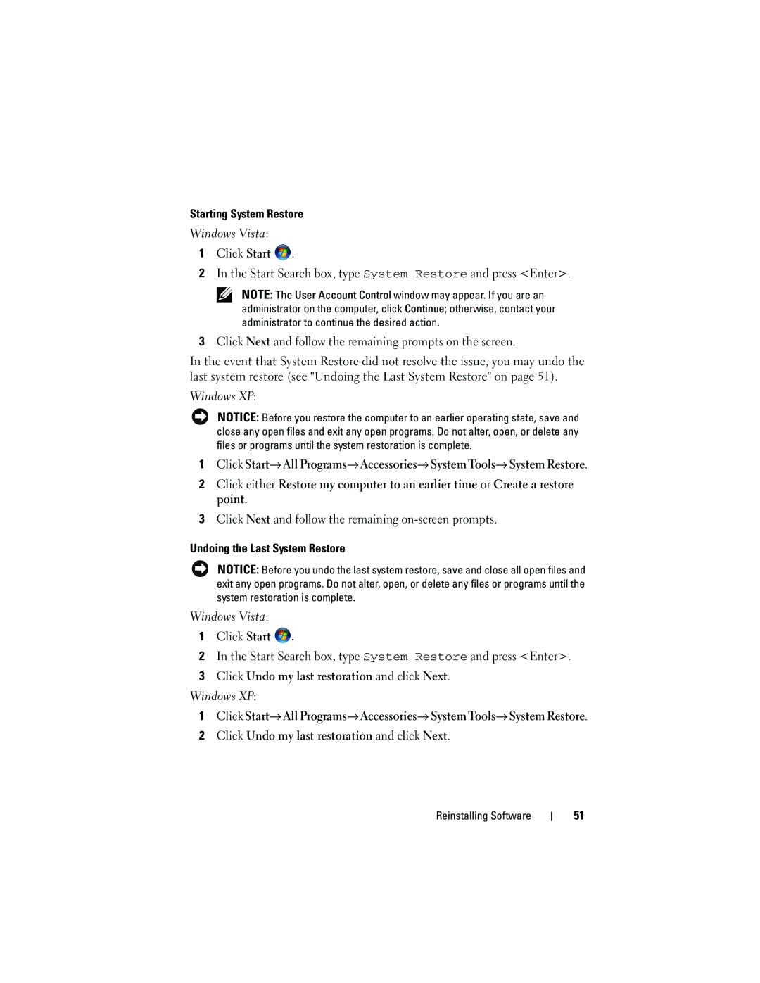 Dell 2510 specifications Starting System Restore Windows Vista, Undoing the Last System Restore Windows Vista 