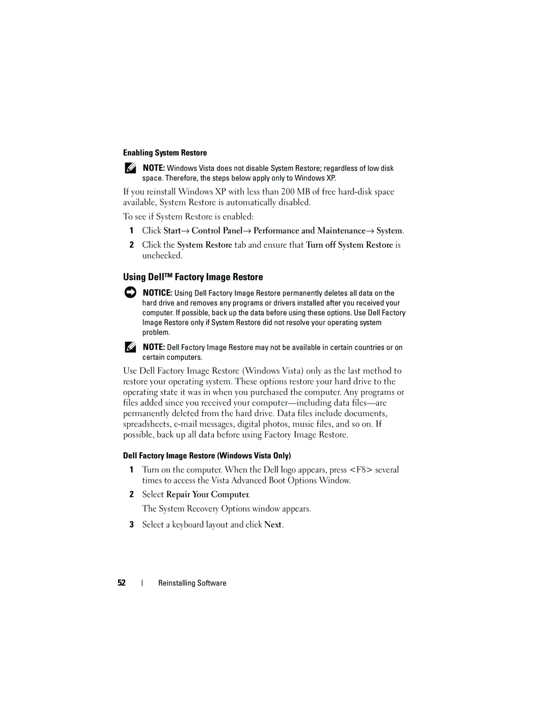 Dell 2510 Using Dell Factory Image Restore, Enabling System Restore, Dell Factory Image Restore Windows Vista Only 