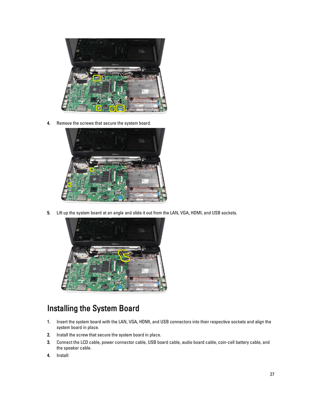 Dell 2520 owner manual Installing the System Board 