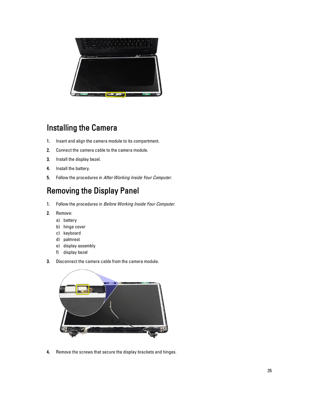 Dell 2520 owner manual Installing the Camera, Removing the Display Panel 