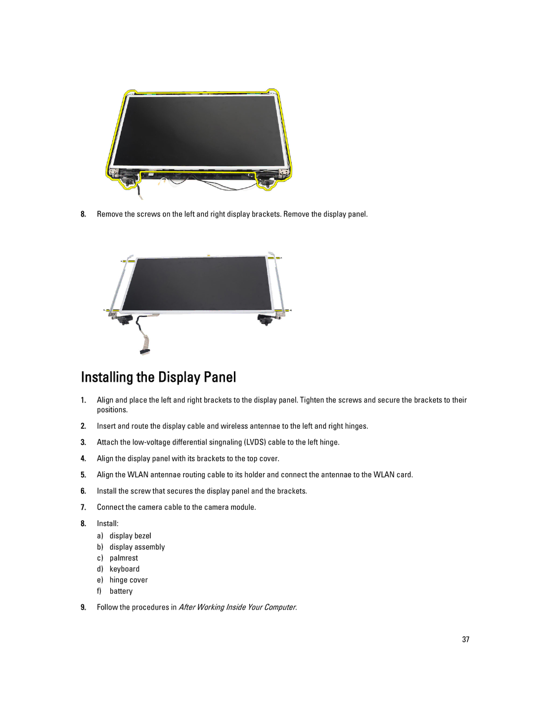 Dell 2520 owner manual Installing the Display Panel 