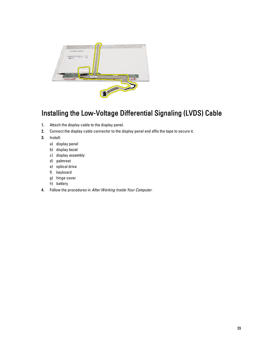 Dell 2520 owner manual Installing the Low-Voltage Differential Signaling Lvds Cable 