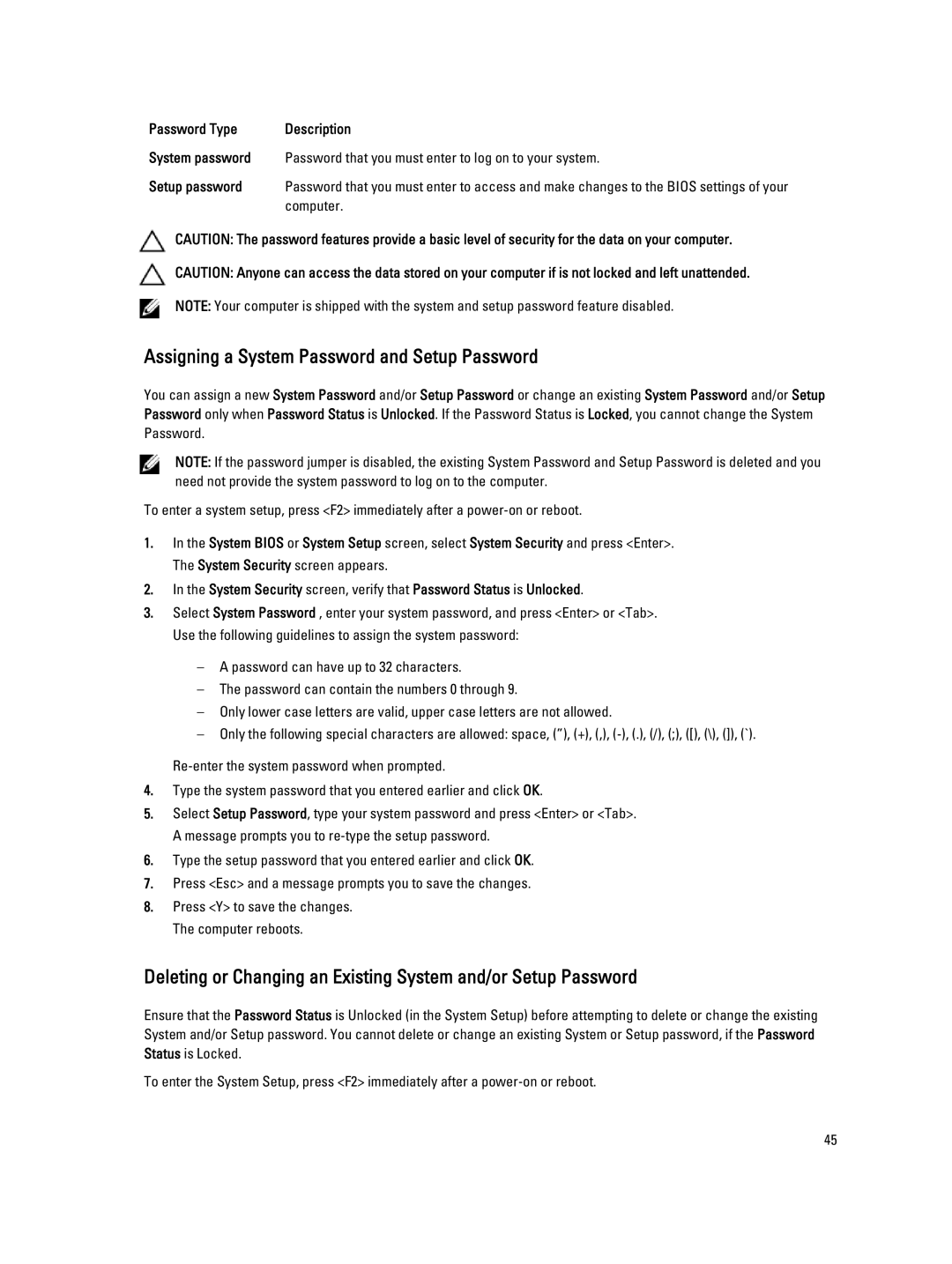 Dell 2520 owner manual Assigning a System Password and Setup Password 