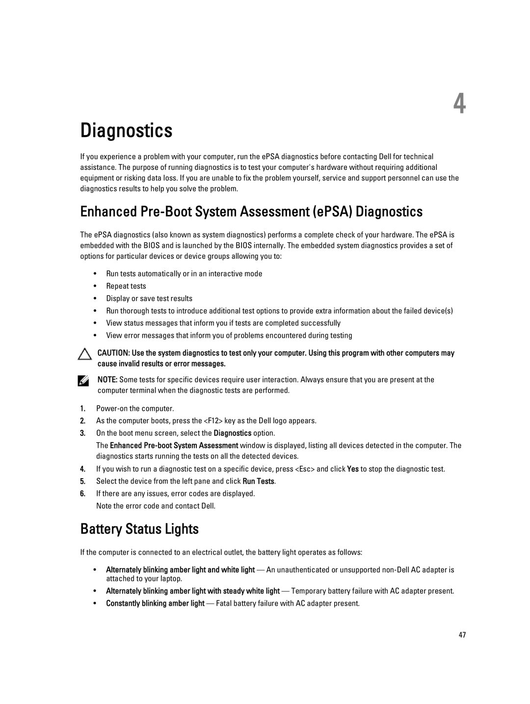 Dell 2520 owner manual Enhanced Pre-Boot System Assessment ePSA Diagnostics, Battery Status Lights 